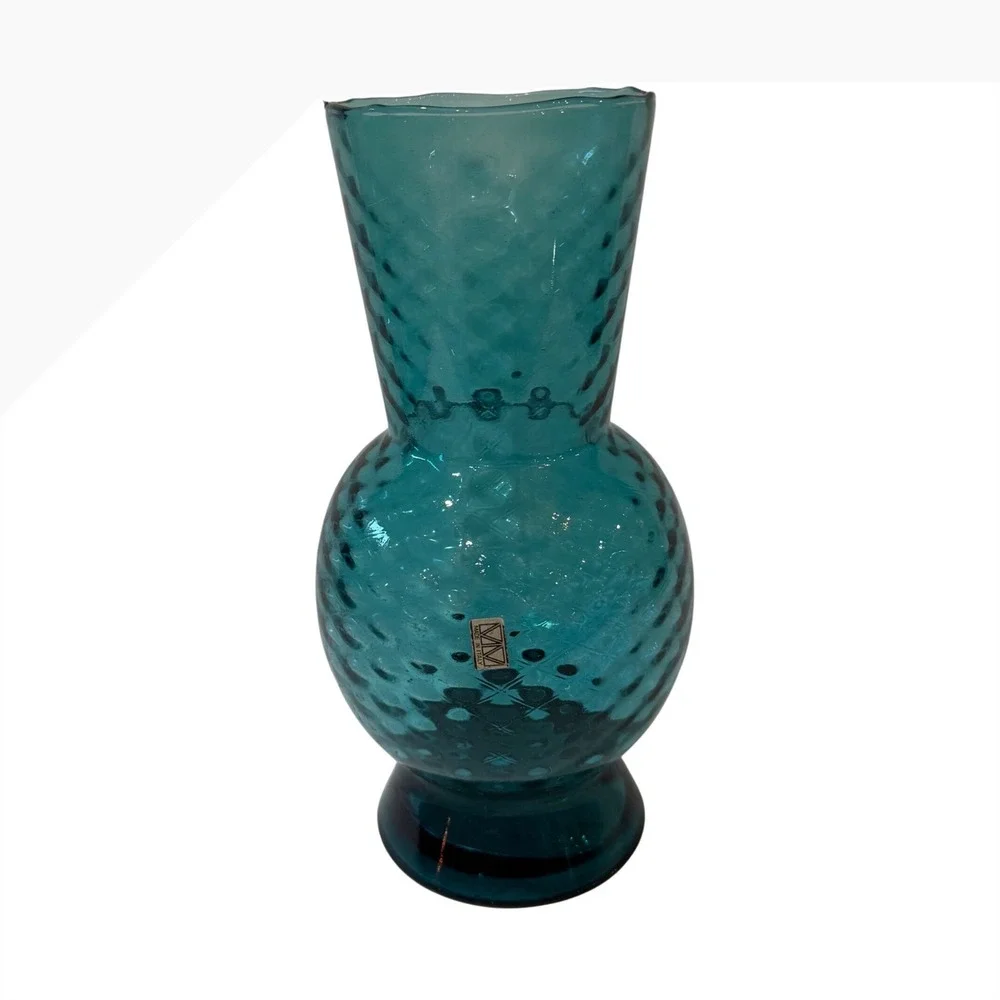 Vintage Made In Italy Empoli Blue Art Glass Vase Diamond Optic Genie Bottle